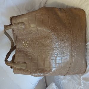 Tory Burch Tan Croc-Embossed Hobo Bag